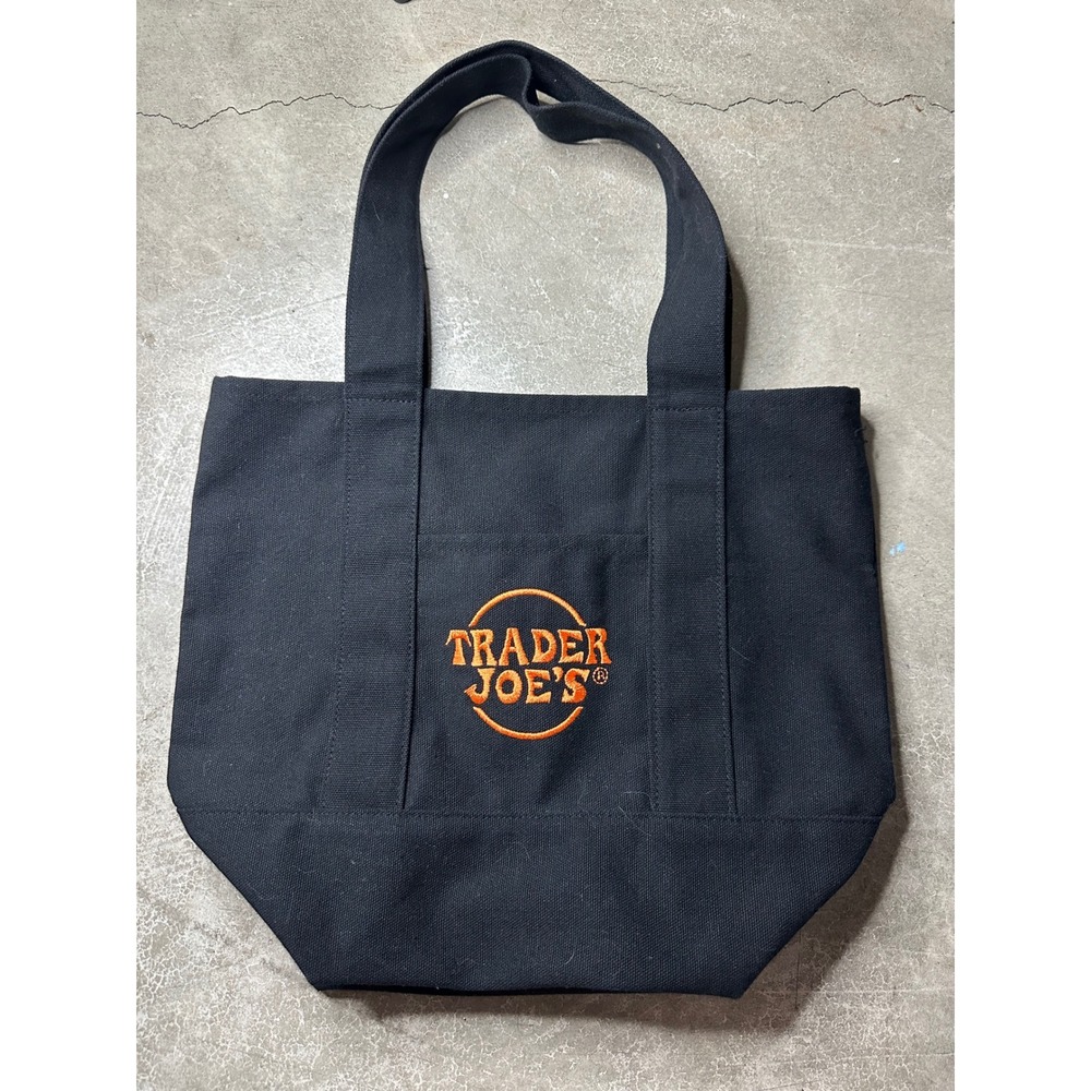 Trader Joe's Mini Canvas Tote Bag Black Orange Embroidered Logo Small Bag